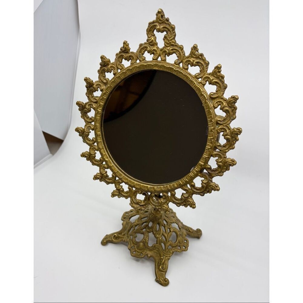 Vintage Ornate Brass Standing Adjustable Swivel Makeup Vanity Mirror Frame Swive
